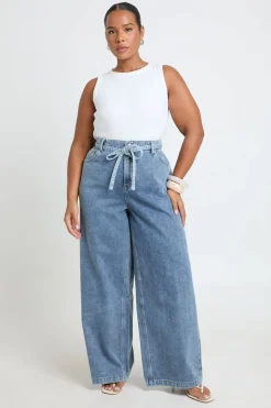 boohoo Jean Large Taille Haute Avec Dos Élastiqué Et Ceinture À Nouer<Femme Denim|Jeans