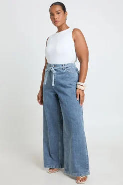 boohoo Jean Large Taille Haute Avec Dos Élastiqué Et Ceinture À Nouer<Femme Denim|Jeans