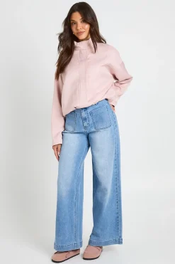 Jean Large Taille Haute Avec Poches Plaquées Devant