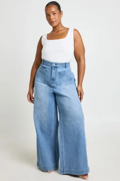 Jean Large Taille Haute Avec Poches Plaquées Devant - Grande Taille