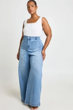 Jean Large Taille Haute Avec Poches Plaquées Devant - Grande Taille