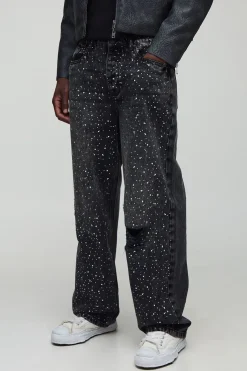 boohooMAN Jean long délavé à perles et strass, déchiré, coupe décontractée<Homme Denim|Tout Afficher