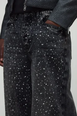 boohooMAN Jean long délavé à perles et strass, déchiré, coupe décontractée<Homme Denim|Tout Afficher