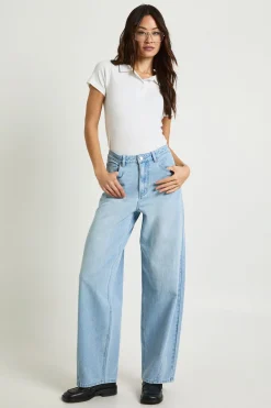 Jean long à taille mi-haute, à couture torsadée et jambe barillet