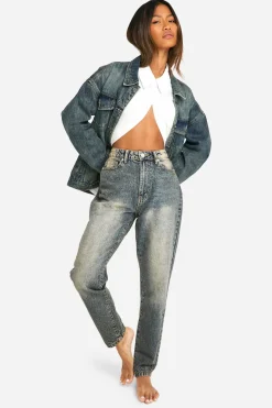 Jean mom basique à jambe de 32 pouces, effet sablage, taille haute
