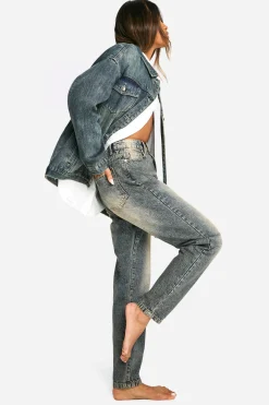 Jean mom basique à jambe de 32 pouces, effet sablage, taille haute