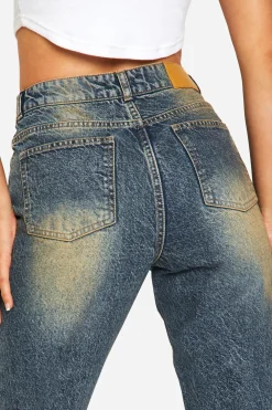 Jean mom basique à jambe de 32 pouces, effet sablage, taille haute