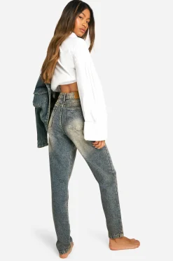 Jean mom basique à jambe de 32 pouces, effet sablage, taille haute