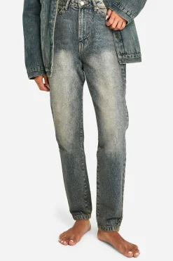 Jean mom basique à jambe de 32 pouces, effet sablage, taille haute