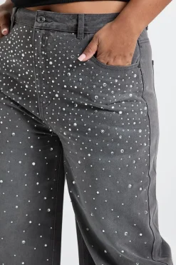Jean orné, taille haute, jambe droite Plus