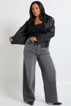 Jean orné, taille haute, jambe droite Plus