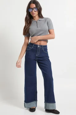 boohoo Jean Petite à revers, taille haute et jambe droite<Femme Denim|Jeans