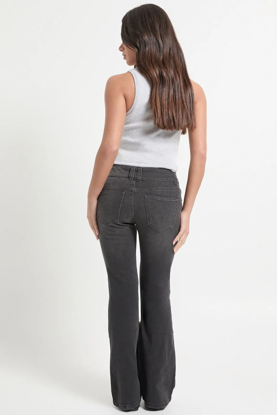 Jean Petite à taille basse à double bouton et évasé