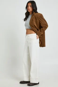 Jean Petite Taille Haute Jambes Larges avec Revers