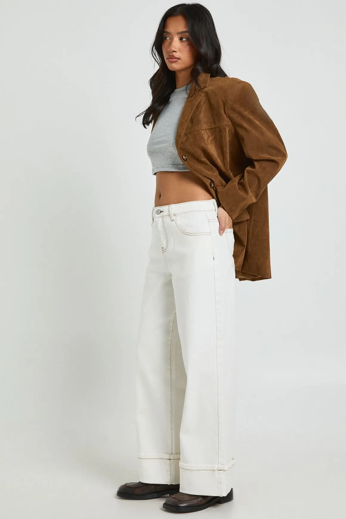 Jean Petite Taille Haute Jambes Larges avec Revers