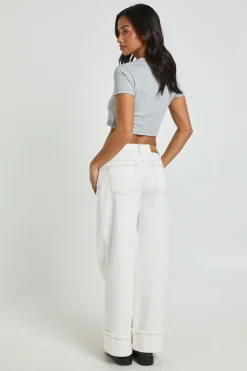 Jean Petite Taille Haute Jambes Larges avec Revers
