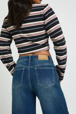 Jean Petite Taille Haute Jambes Larges avec Revers
