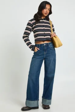 Jean Petite Taille Haute Jambes Larges avec Revers
