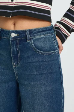 Jean Petite Taille Haute Jambes Larges avec Revers