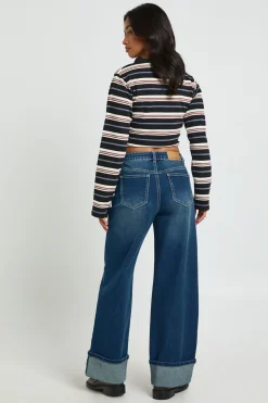Jean Petite Taille Haute Jambes Larges avec Revers