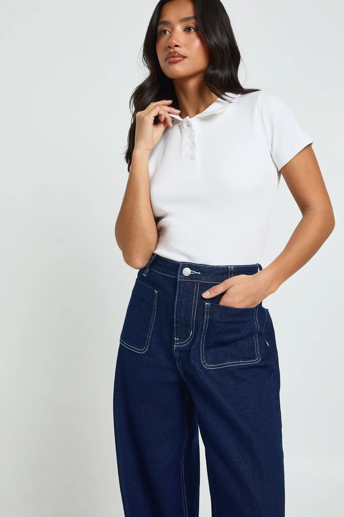 boohoo Jean Petite Taille Haute à Poches Avant et Jambes Larges<Femme Denim|Jeans