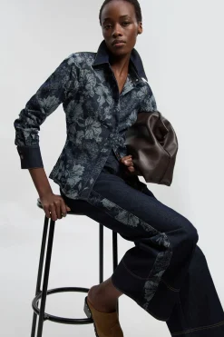 Jean Petite Taille Jambe Large En Denim Avec Contraste Jacquard