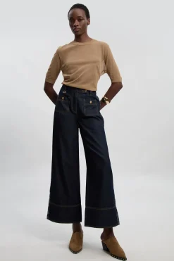 Jean Petite Taille Jambe Large En Denim Avec Contraste Jacquard