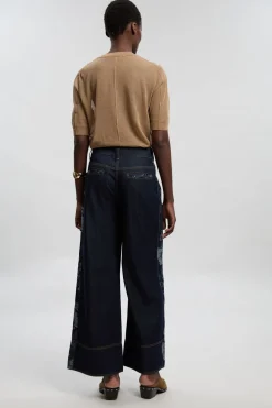 Jean Petite Taille Jambe Large En Denim Avec Contraste Jacquard
