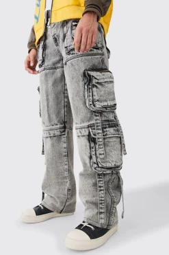 Jeans Acid Wash baggy rigide à multiples poches cargo avec détails de sangle