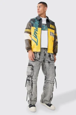 Jeans Acid Wash baggy rigide à multiples poches cargo avec détails de sangle