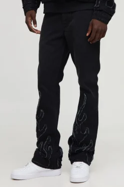 Jeans à appliqué flamme, coupe slim empilée et évasée