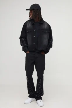 Jeans à appliqué flamme, coupe slim empilée et évasée