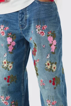 boohooMAN Jeans baggy à coupe rigide avec broderie florale<Homme Denim|Denim