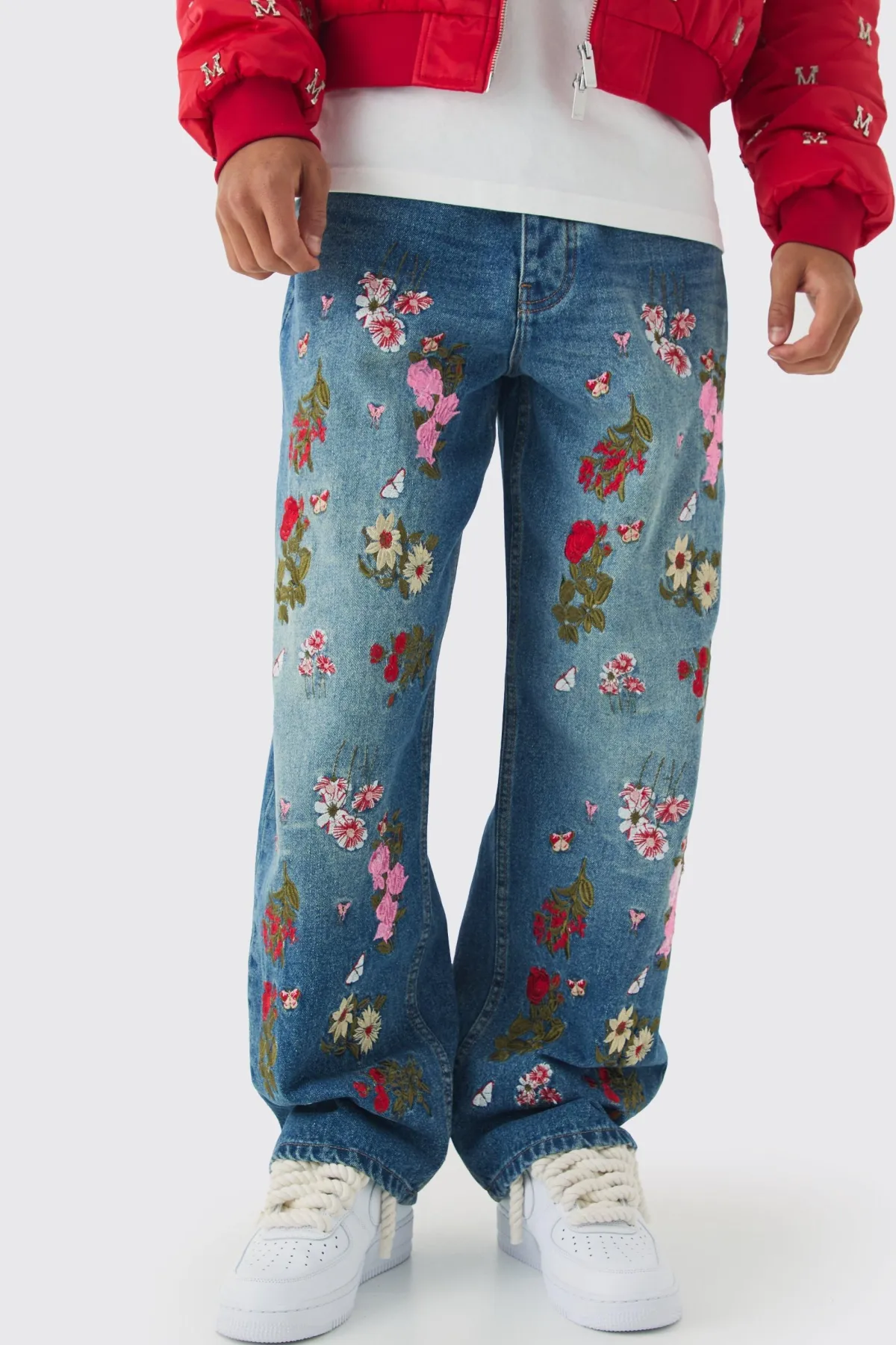 boohooMAN Jeans baggy à coupe rigide avec broderie florale<Homme Denim|Denim