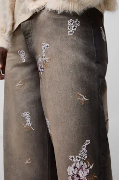 Jeans Baggy Rigid à Broderie Florale
