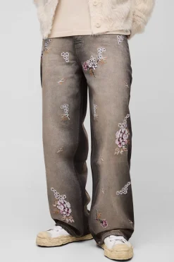 Jeans Baggy Rigid à Broderie Florale