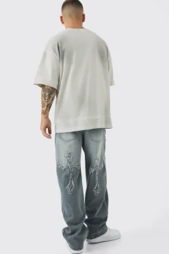Jeans Baggy Rigid Washé Gris à Appliqué Croix