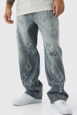 Jeans Baggy Rigid Washé Gris à Appliqué Croix