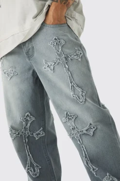 Jeans Baggy Rigid Washé Gris à Appliqué Croix
