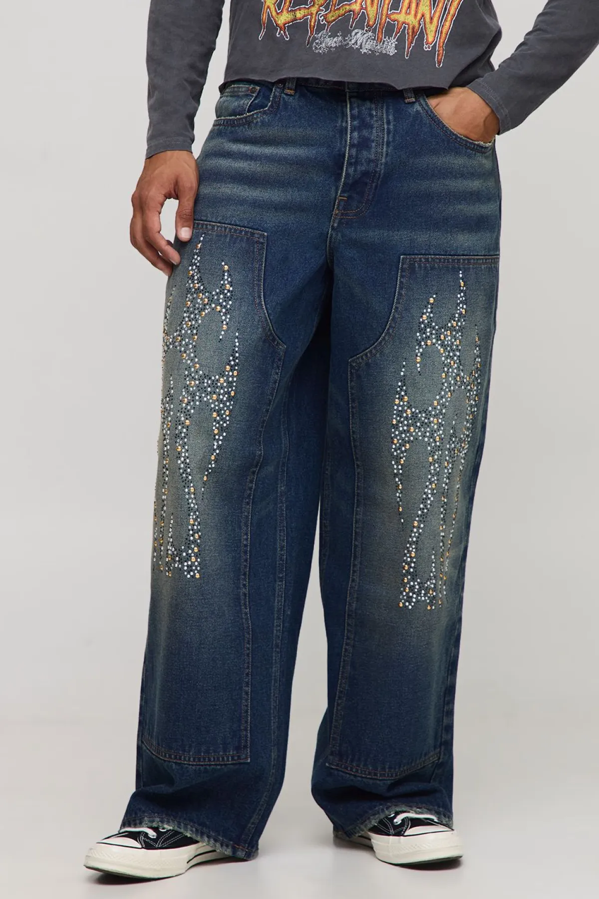boohooMAN Jeans Carpenter ample orné de motifs tribaux<Homme Denim|Denim