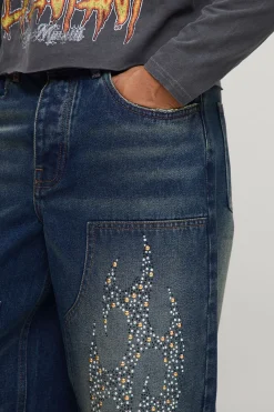boohooMAN Jeans Carpenter ample orné de motifs tribaux<Homme Denim|Denim