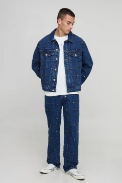 boohooMAN Jeans coupe droite à damier ornés de rivets<Homme Ensembles|Denim