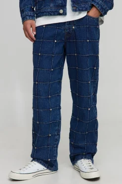 boohooMAN Jeans coupe droite à damier ornés de rivets<Homme Ensembles|Denim