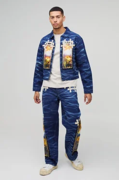 Jeans décontractés à appliqué croisé, effet froissé et délavé