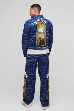 Jeans décontractés à appliqué croisé, effet froissé et délavé