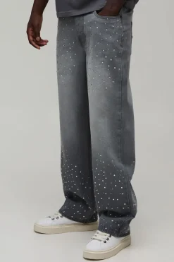 boohooMAN Jeans décontractés coupe relax avec poches ornées d'étoiles en strass sur toute la surface<Homme Denim|Denim