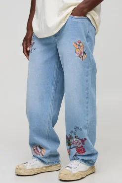 boohooMAN Jeans délavés à coupe décontractée, avec broderie florale<Homme Jeans Grande Taille|Denim