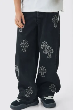Jeans en denim baggy rigide à appliqué léopard croisé