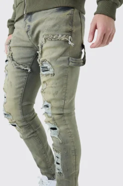 Jeans gris lavé carpenter stretch skinny multi-déchirures