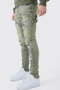 Jeans gris lavé carpenter stretch skinny multi-déchirures